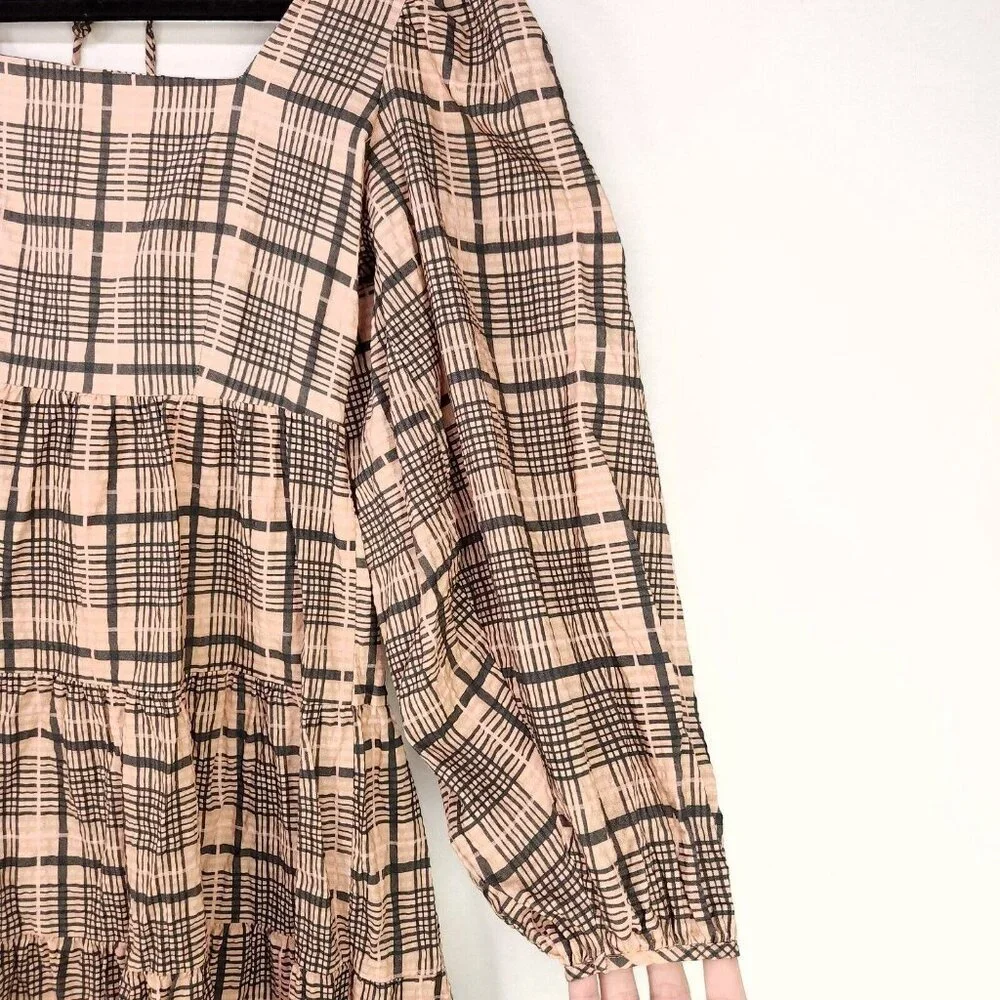 Topshop Babydoll Mini Dress Balloon Long Sleeve Size 4 Boho Gingham Brown - Picture 13 of 15